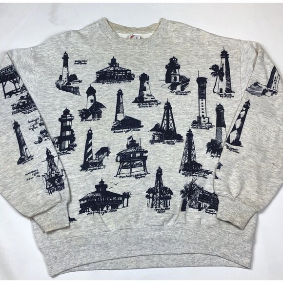 Vintage 90s Light Houses All Over Print AOP Crewneck Gray Sweatshirt Size Large - Picture 3 of 10